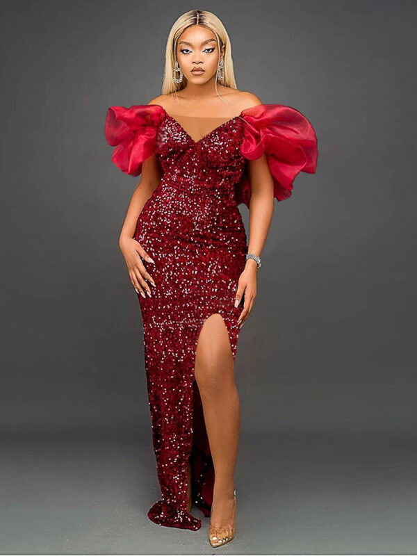 Shiny Puff-Sleeve Sequined Mermaid Dress Red 2
