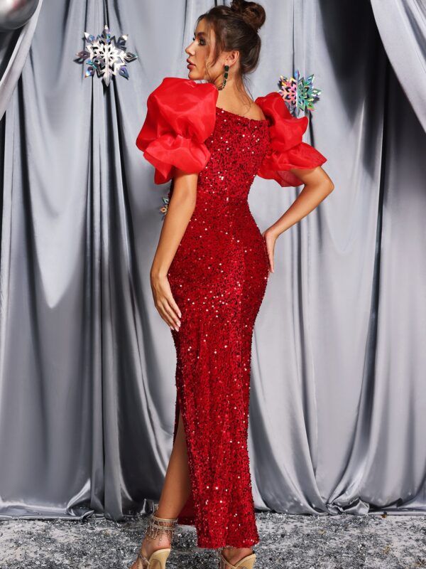 Shiny Puff-Sleeve Sequined Mermaid Dress Red 4