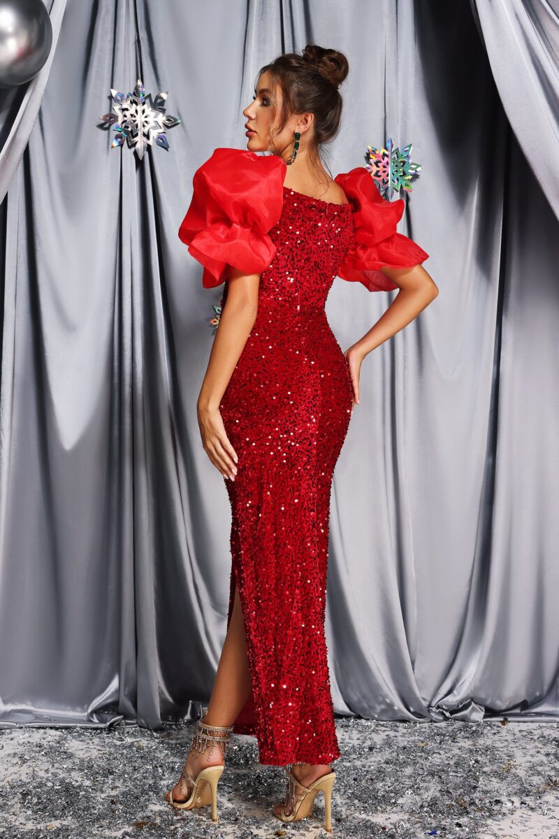 Shiny Puff-Sleeve Sequined Mermaid Dress Red 4