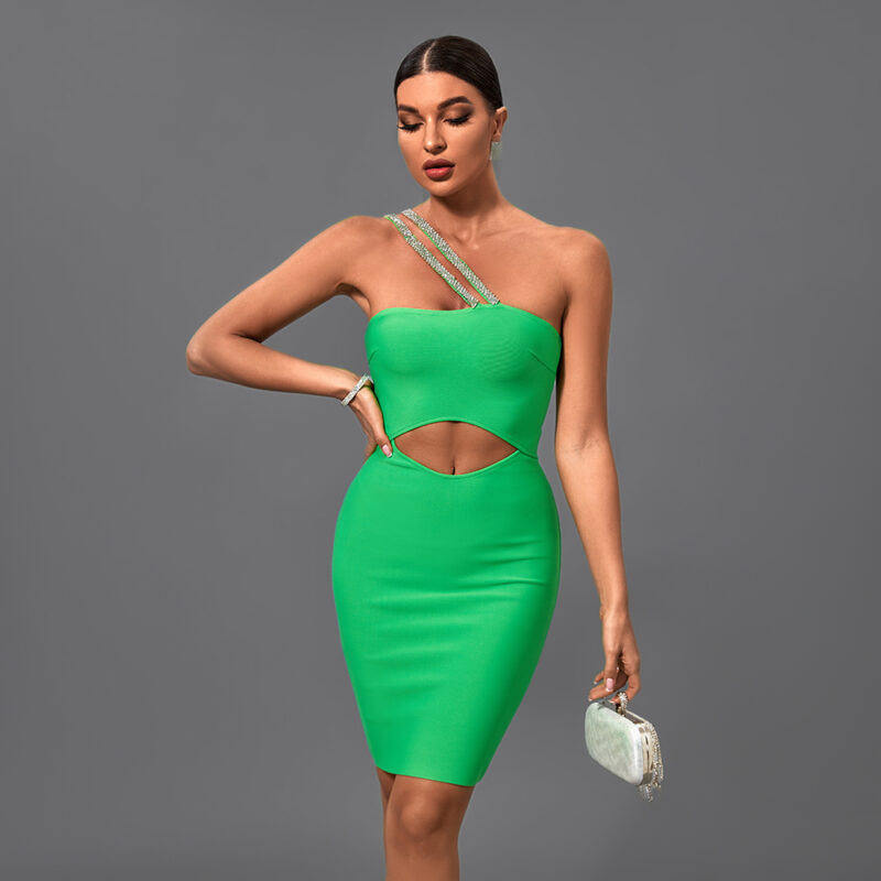 Summer One Shoulder Cutout Dress Green 2