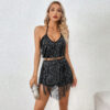 2Piece Fringe Halter Neck Backless Set 4 2Piece Fringe Halter Neck Backless Set Black 1