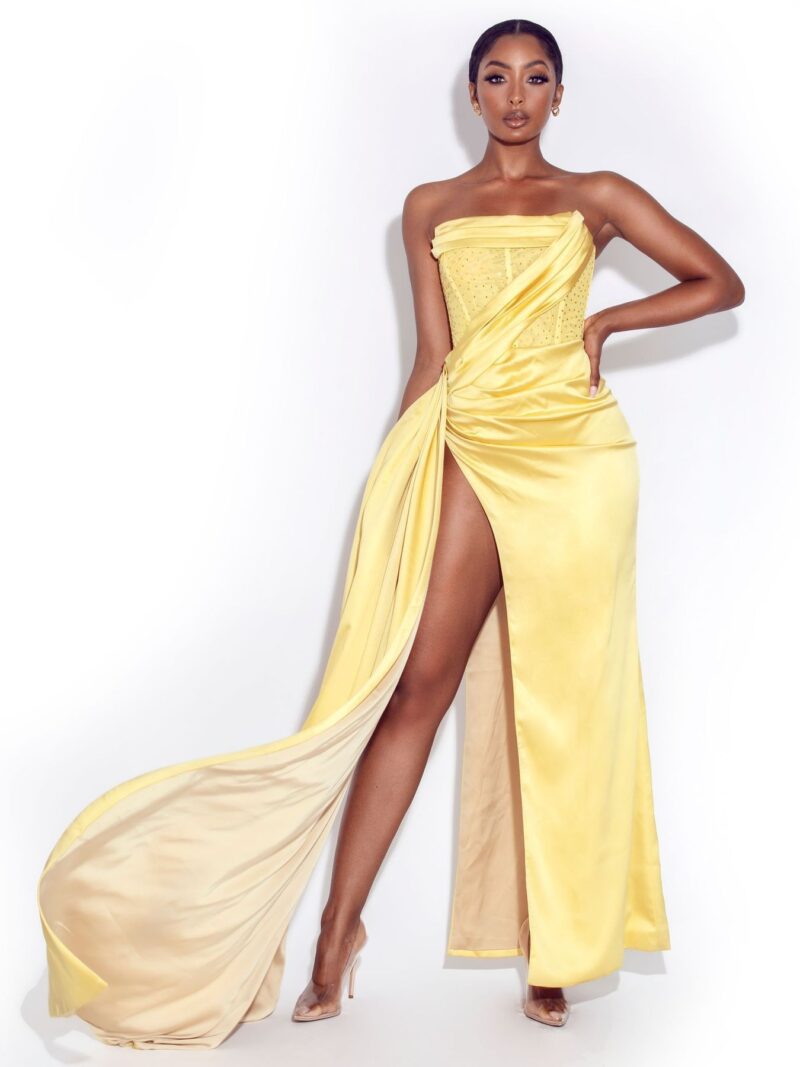 Haliya Crystal Corset Slit Gown Yellow