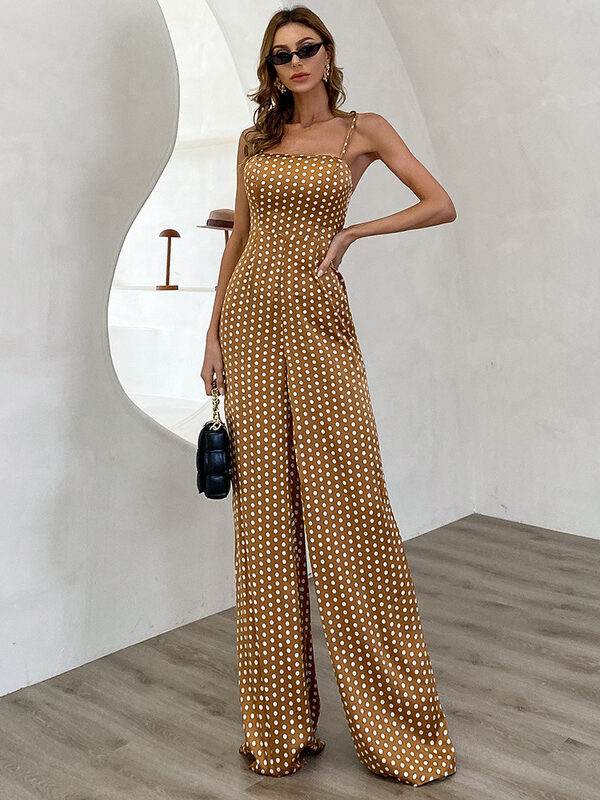 Polka Dot Wide Leg Jumpsuit Brown 3