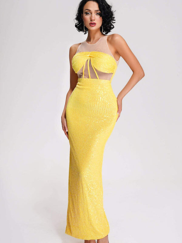 Yellow Corset Maxi Sequin Dress