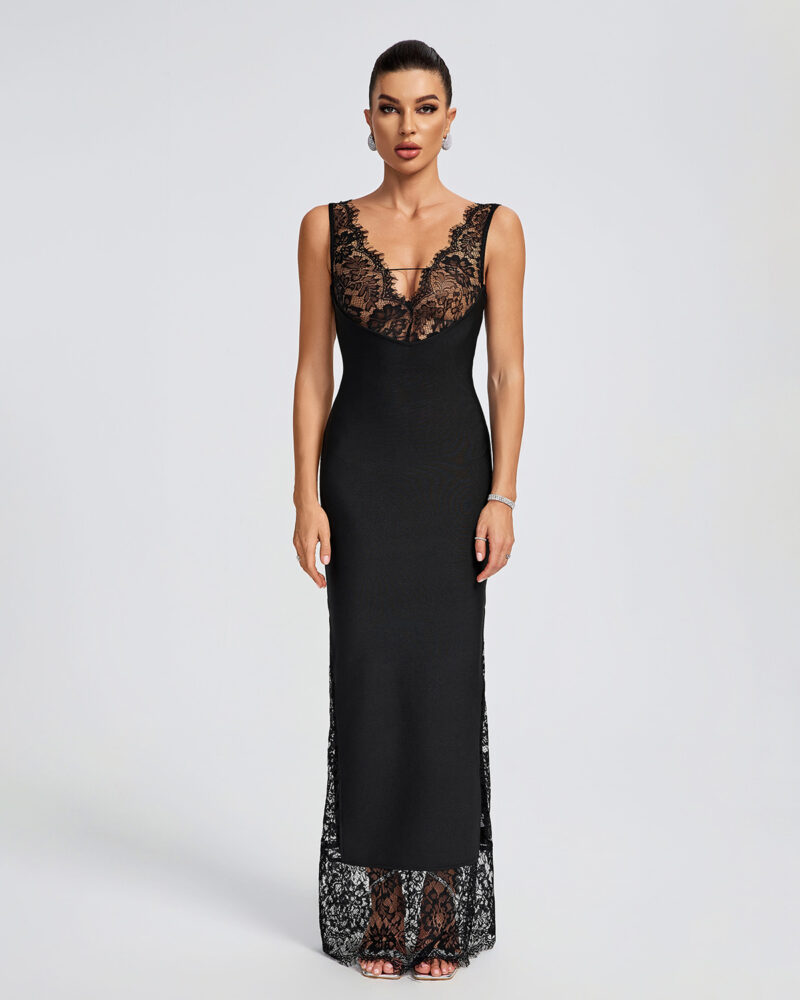 Black Lace V-Neck Maxi Dress 1