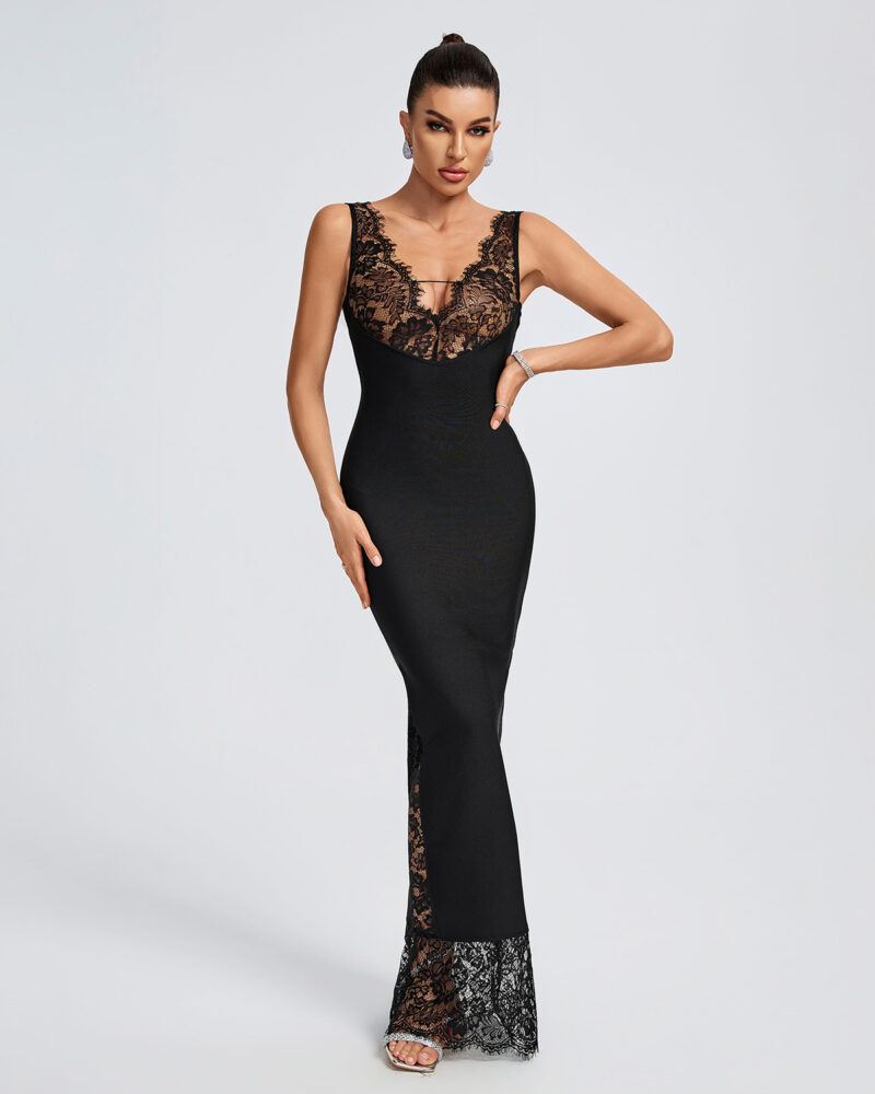 Black Lace V-Neck Maxi Dress 3