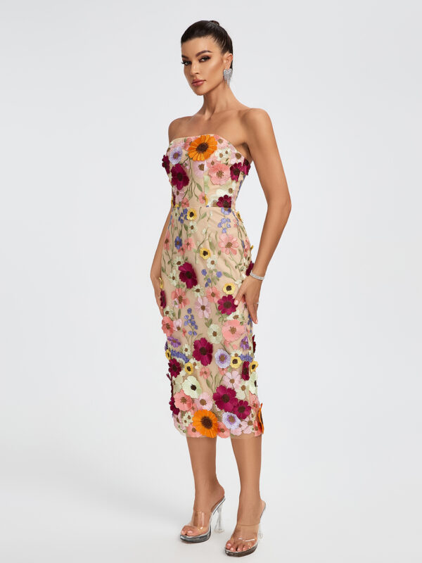 Chic 3D Floral Strapless Midi Dress 2