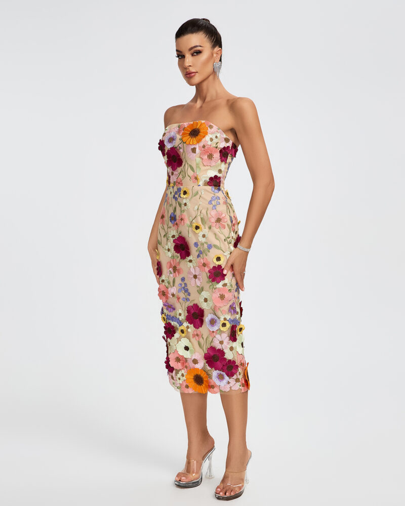 Chic 3D Floral Strapless Midi Dress 2