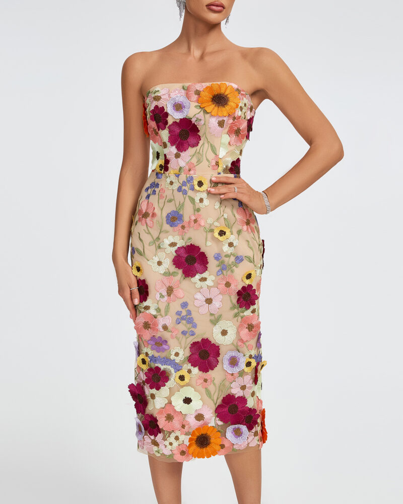 Chic 3D Floral Strapless Midi Dress 3