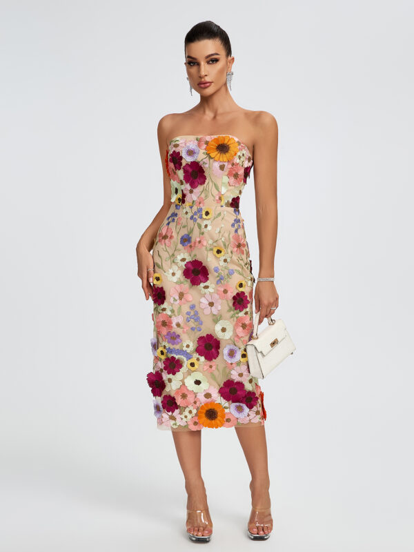 Chic 3D Floral Strapless Midi Dress 4