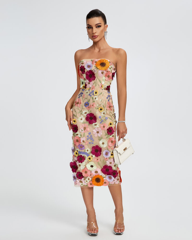 Chic 3D Floral Strapless Midi Dress 4