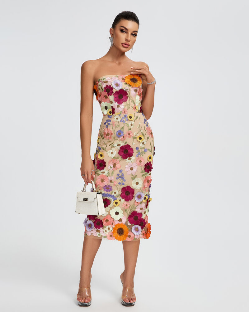 Chic 3D Floral Strapless Midi Dress 5