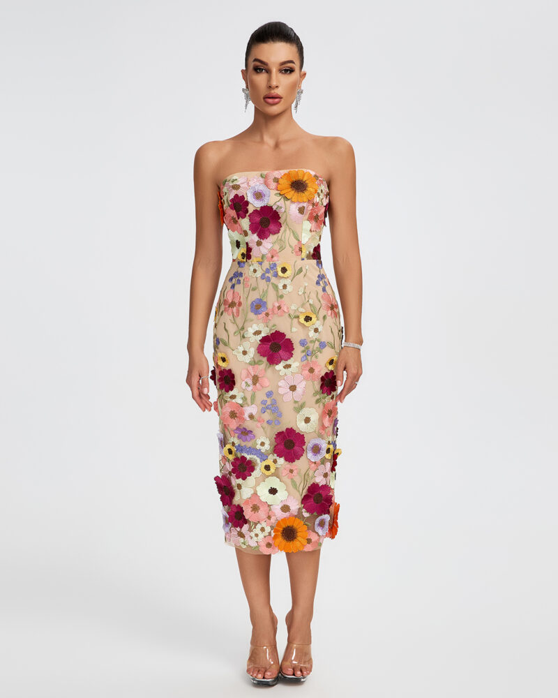 Chic 3D Floral Strapless Midi Dress 6