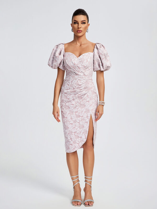 Jacquard Puff Sleeve Midi Cocktail Dress 1