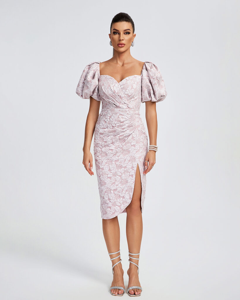 STRETCH JACQUARD ONE SHOULDER LONG SLEEVES MIDI DRESS IN KUMQUAT