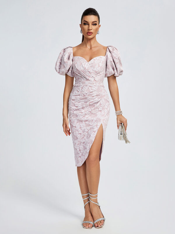 Jacquard Puff Sleeve Midi Cocktail Dress