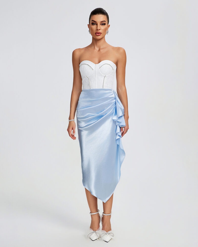 Lace Corset Cutout Midi Dress White Blue 1
