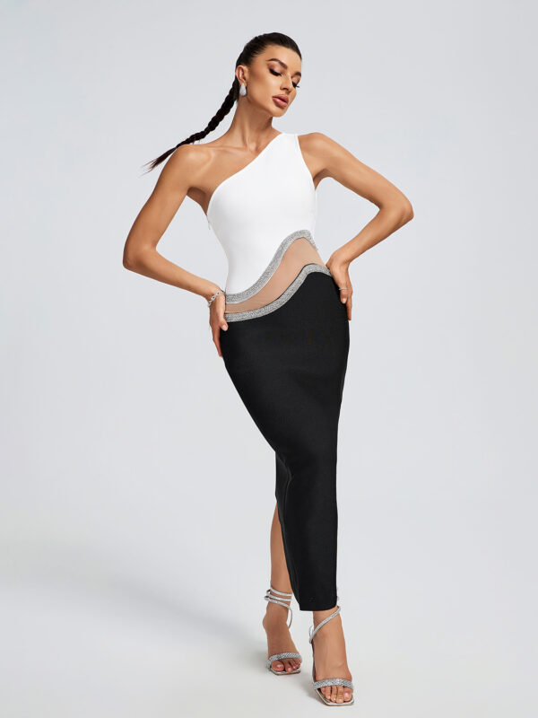 One Shoulder Bandage Patchwork Midi Dress 3