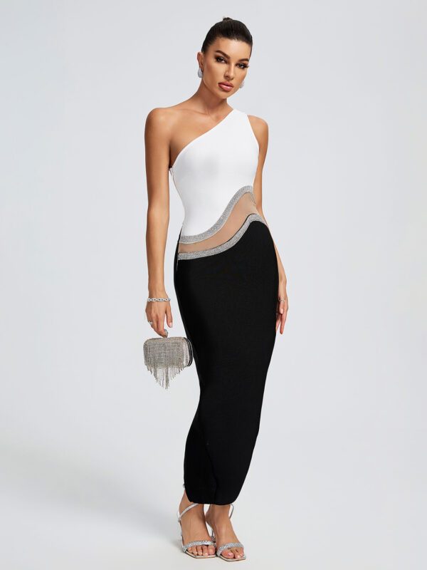 One Shoulder Bandage Patchwork Midi Dress 4