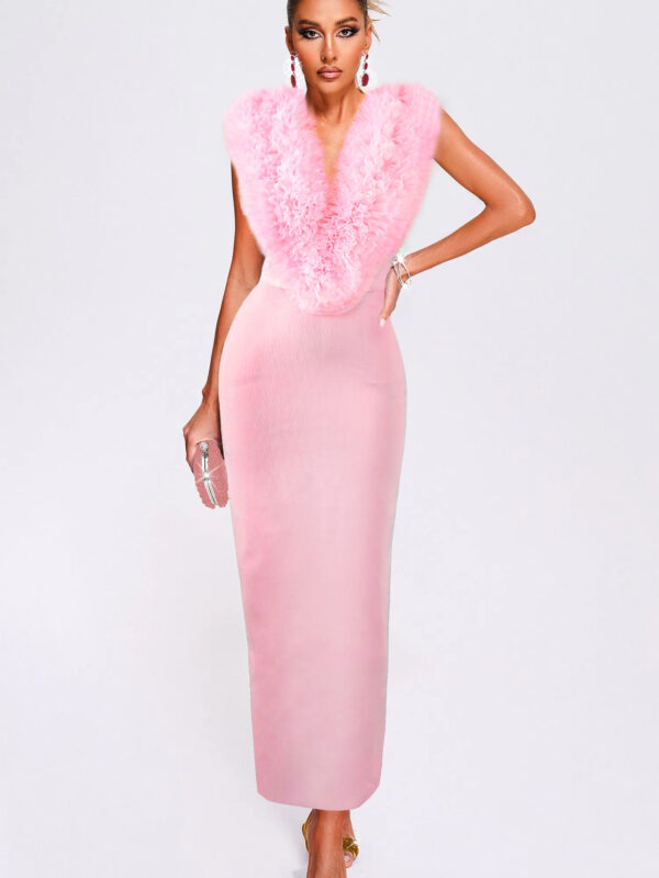 Pink Sleeveless Feathers Midi Dress 1