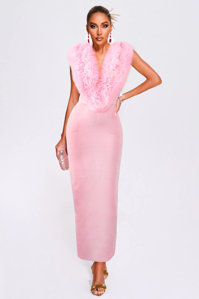 Pink Sleeveless Feathers Midi Dress 1