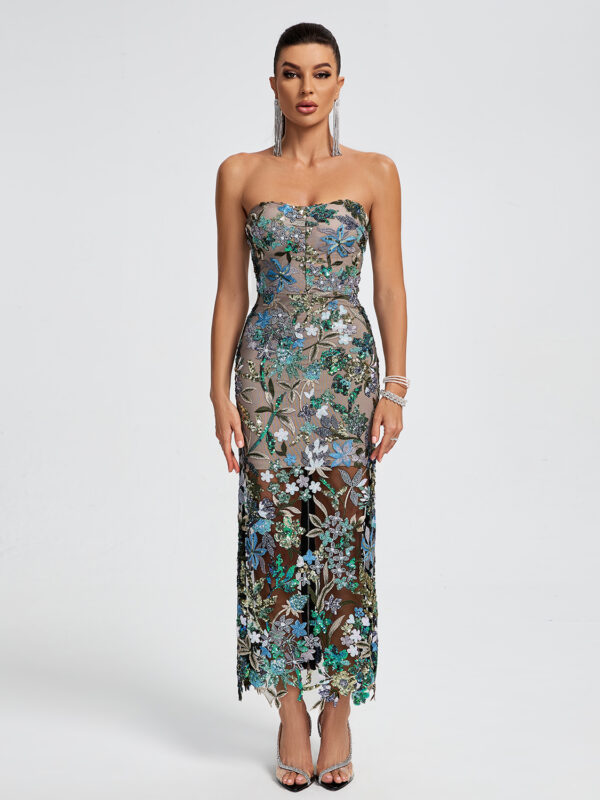 Strapless Floral Sequins Maxi Dress 1