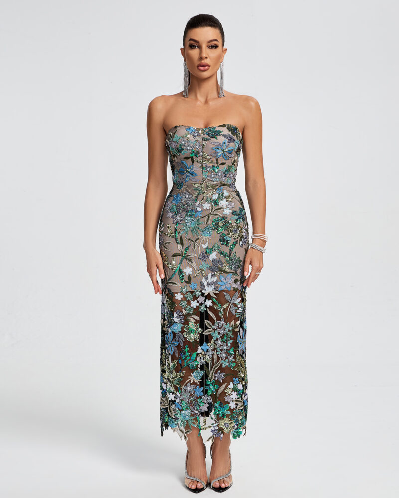 Strapless Floral Sequins Maxi Dress 1