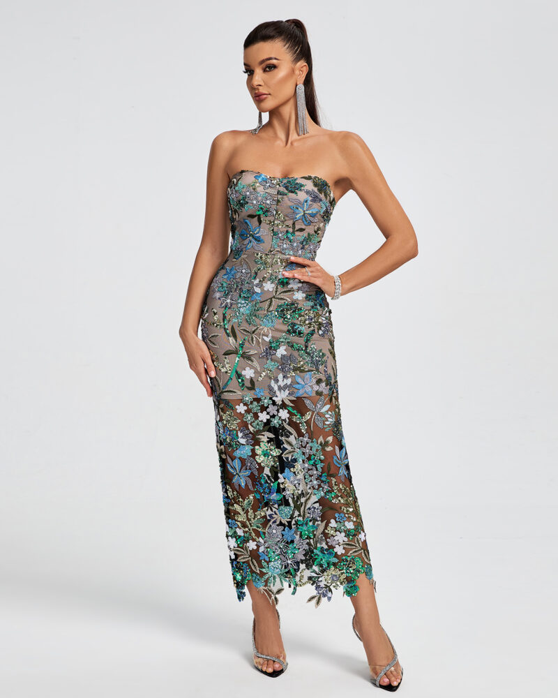 Strapless Floral Sequins Maxi Dress 3