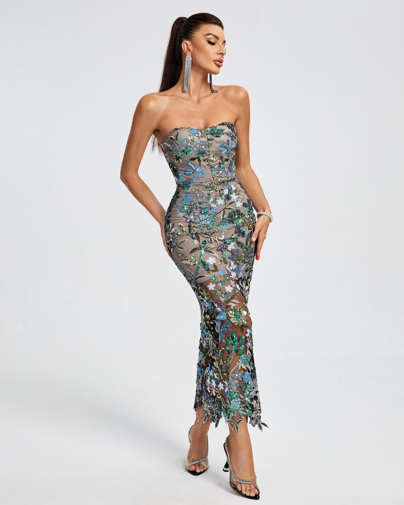 Strapless Floral Sequins Maxi Dress 4
