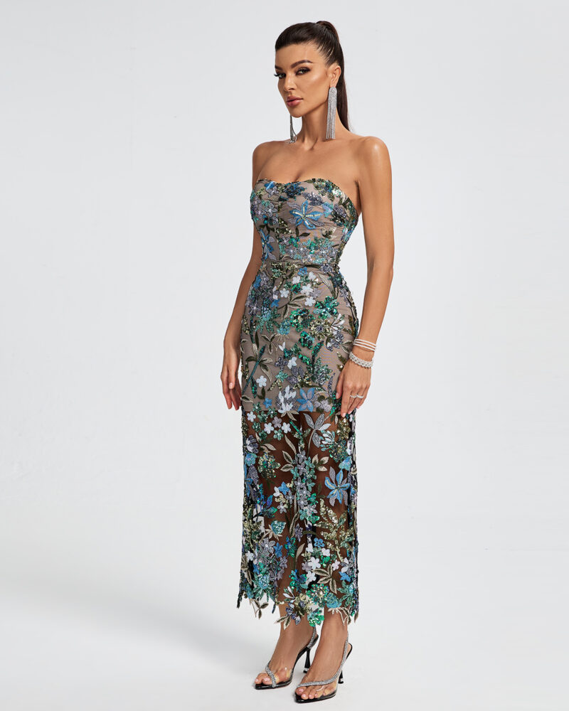 Strapless Floral Sequins Maxi Dress 5