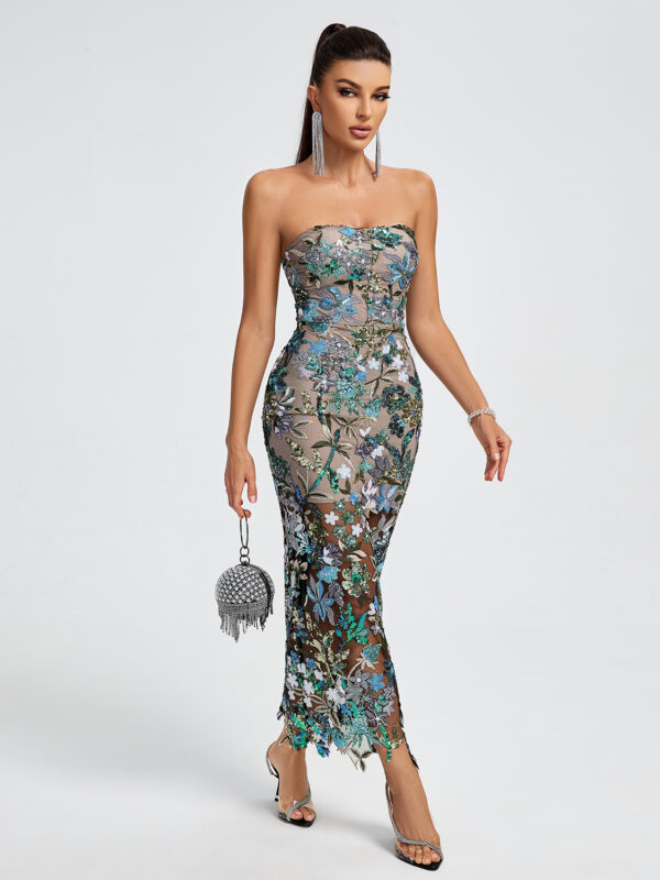 Strapless Floral Sequins Maxi Dress 6