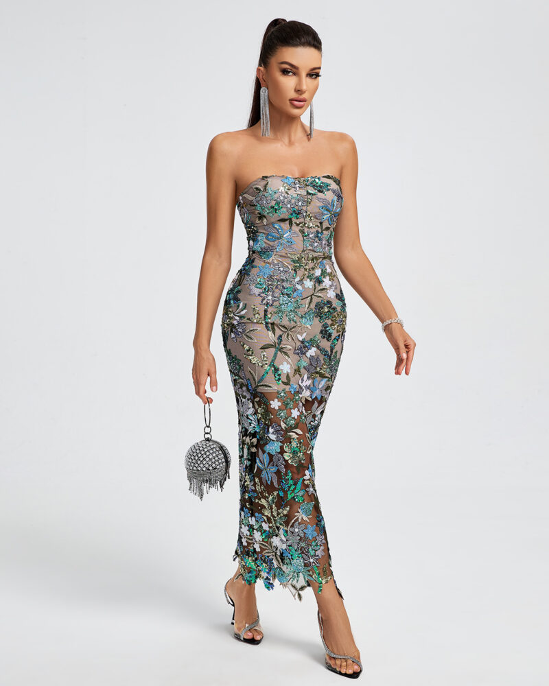Strapless Floral Sequins Maxi Dress 6