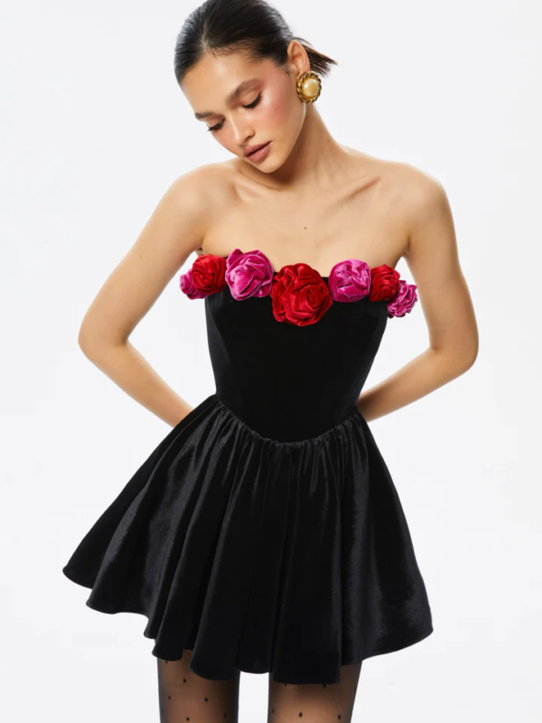 Strapless Flower Velvet Mini Dress 1