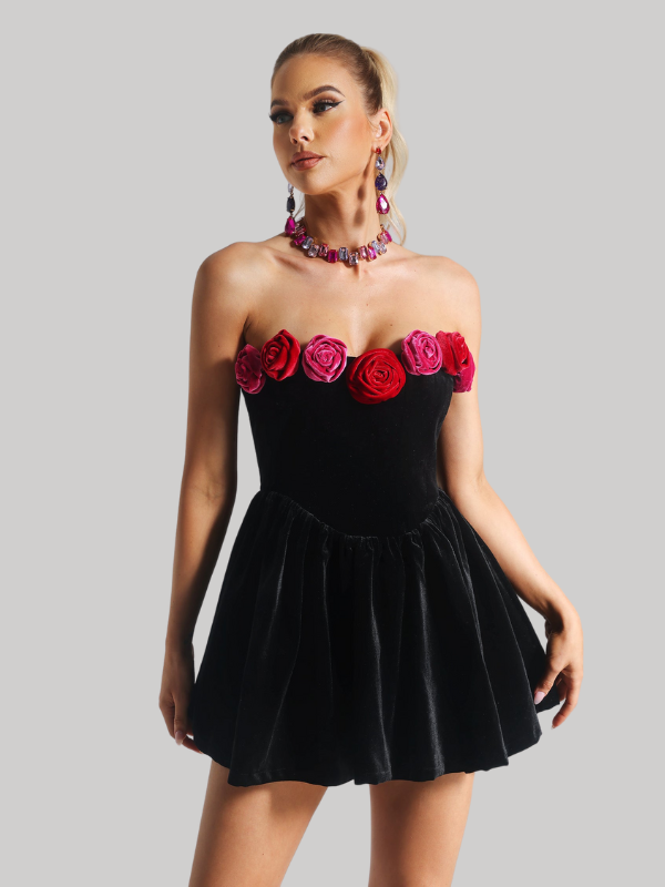 Strapless Flower Velvet Mini Dress 2